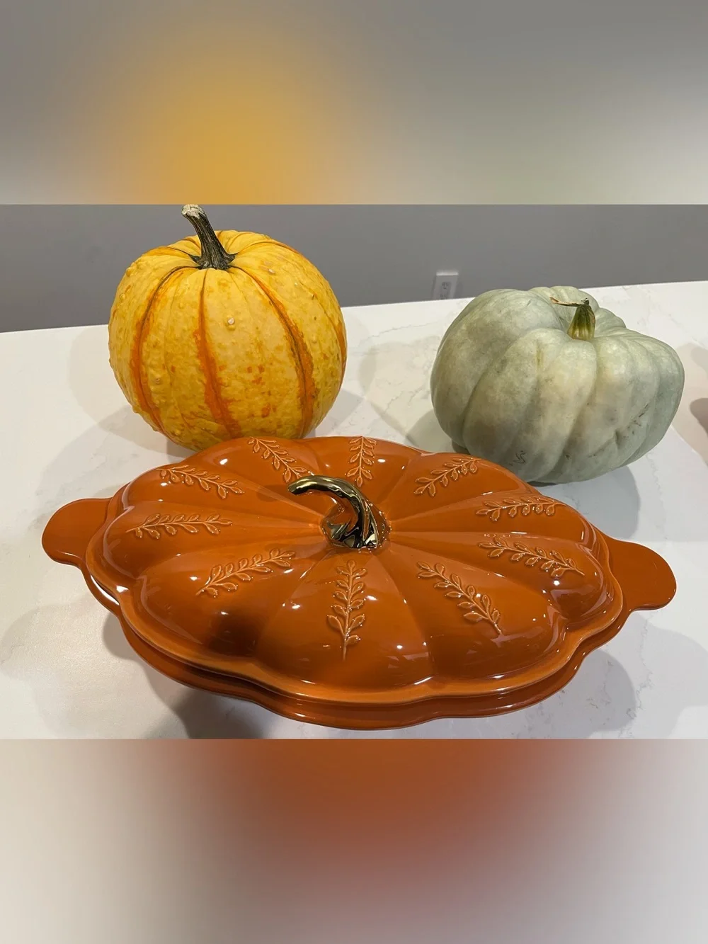 Festive Pumpkin Ceramic Casserole with Gold Stem - Orange